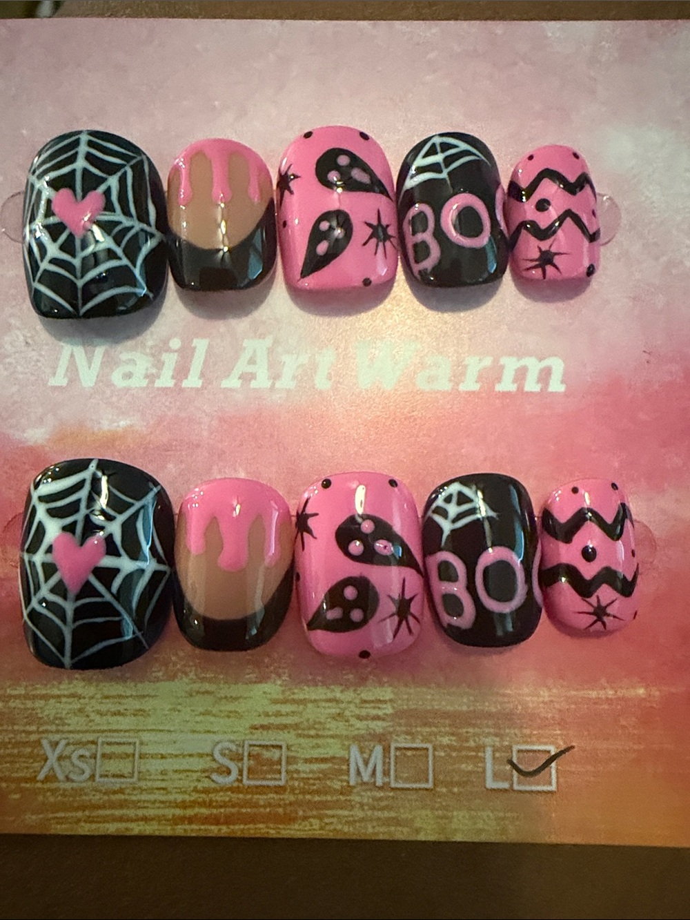 Warm Pink & Black Halloween Nail Art Set
